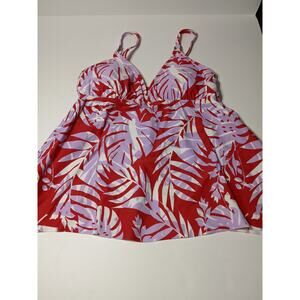 Kona Sol Swimsuit Top Tankini Sharkbite Hem Leaf Medium Red Purple Full Coverage